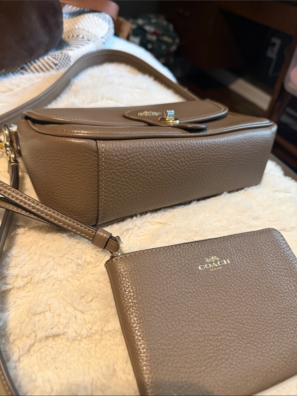 COACH Pebbled Leather Shoulder Bag and Wristlet in Taupe/Black - Picture 2 of 4